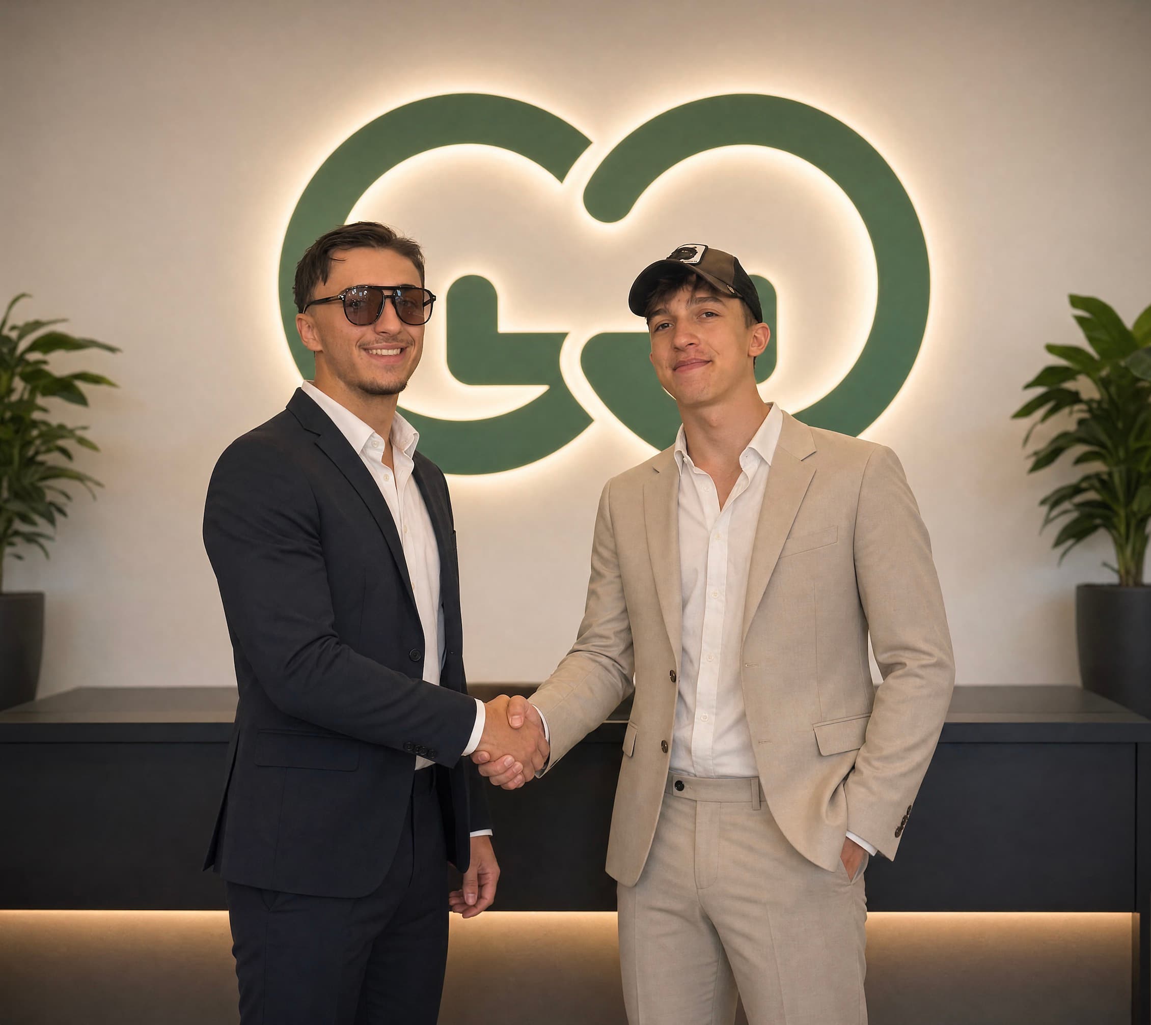 GG Digital co-founders Glenn Gashi and Jonas Engl shaking hands in front of the GG Group logo